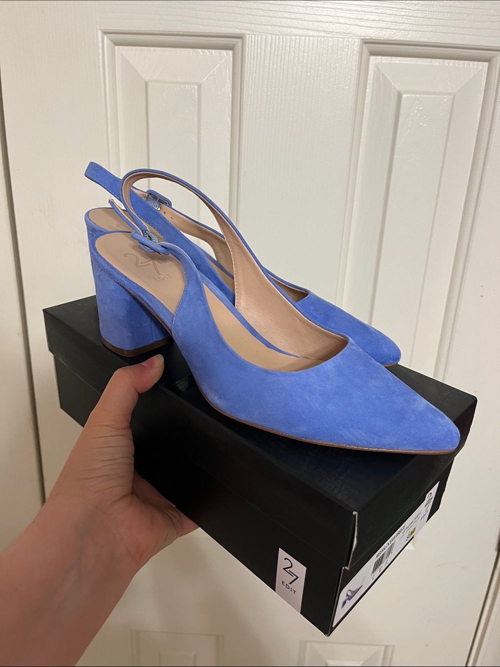 27 EDIT Periwinkle Blue Suede Slingback Block Heels